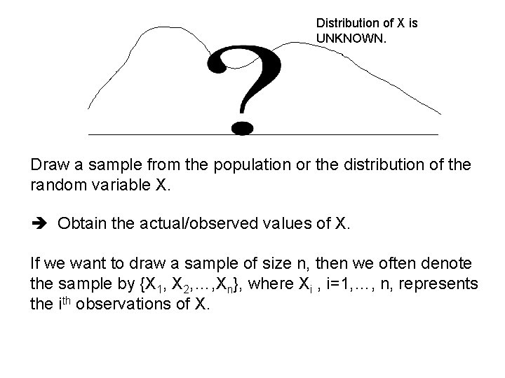 Distribution of X is UNKNOWN. Draw a sample from the population or the distribution Distribution of X is UNKNOWN. Draw a sample from the population or the distribution