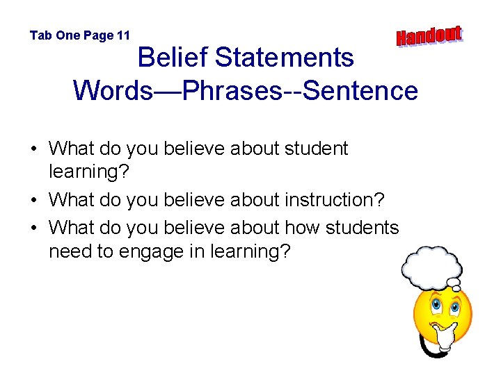 Tab One Page 11 Belief Statements Words—Phrases--Sentence • What do you believe about student