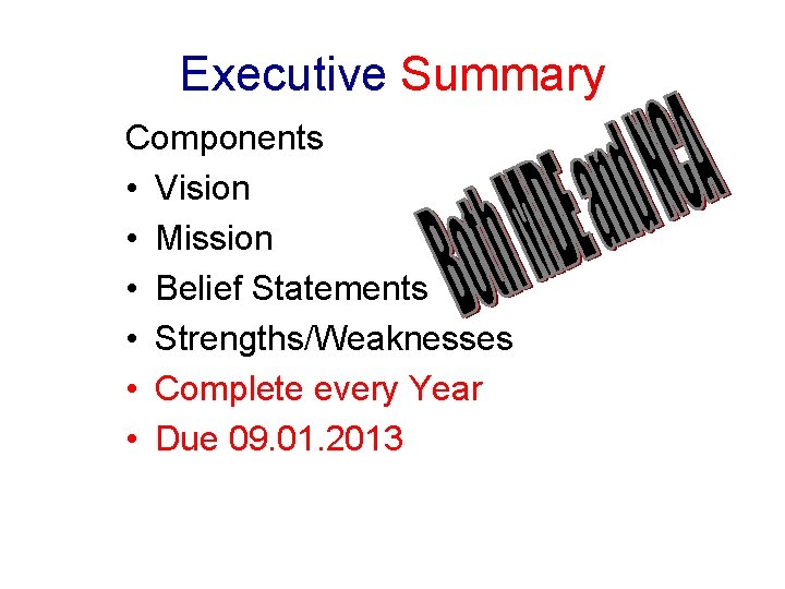 Executive Summary Components • Vision • Mission • Belief Statements • Strengths/Weaknesses • Complete