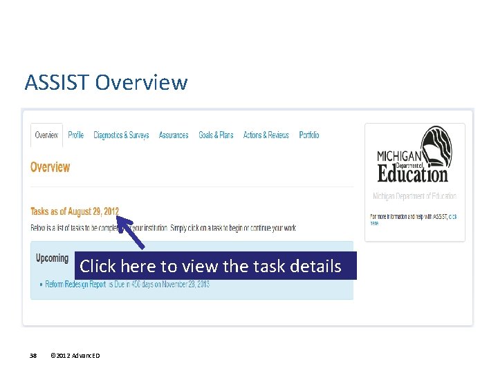 ASSIST Overview Click here to view the task details 38 © 2012 Advanc. ED