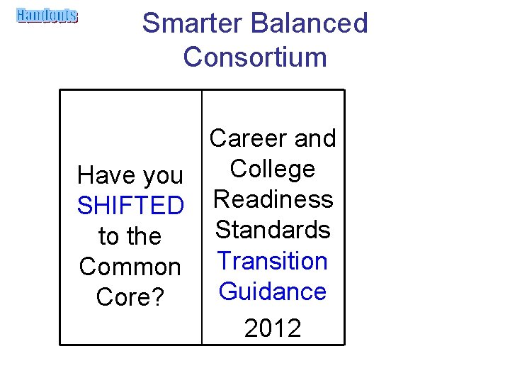 Smarter Balanced Consortium Career and College Have you SHIFTED Readiness Standards to the Common