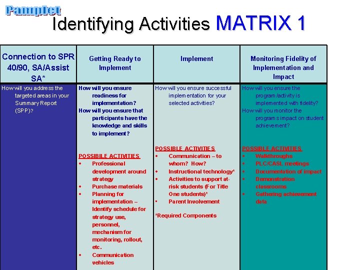 Identifying Activities MATRIX 1 Connection to SPR 40/90, SA/Assist SA* How will you address