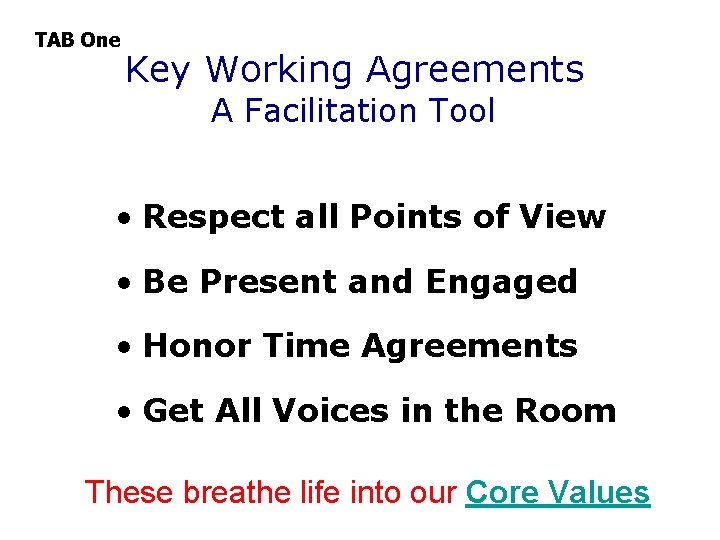 TAB One Key Working Agreements A Facilitation Tool • Respect all Points of View