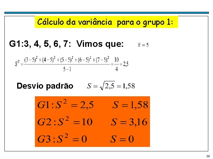 Cálculo da variância para o grupo 1: G 1: 3, 4, 5, 6, 7: