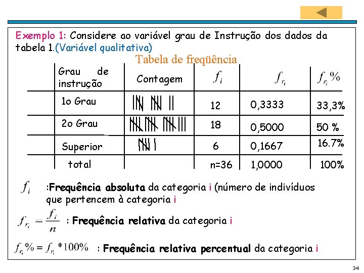 Exemplo 1: Considere ao variável grau de Instrução dos da tabela 1. (Variável qualitativa)