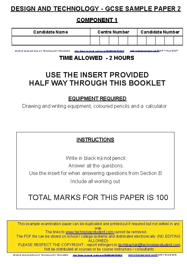 DESIGN AND TECHNOLOGY - GCSE SAMPLE PAPER 2 COMPONENT 1 Candidate Name Centre Number