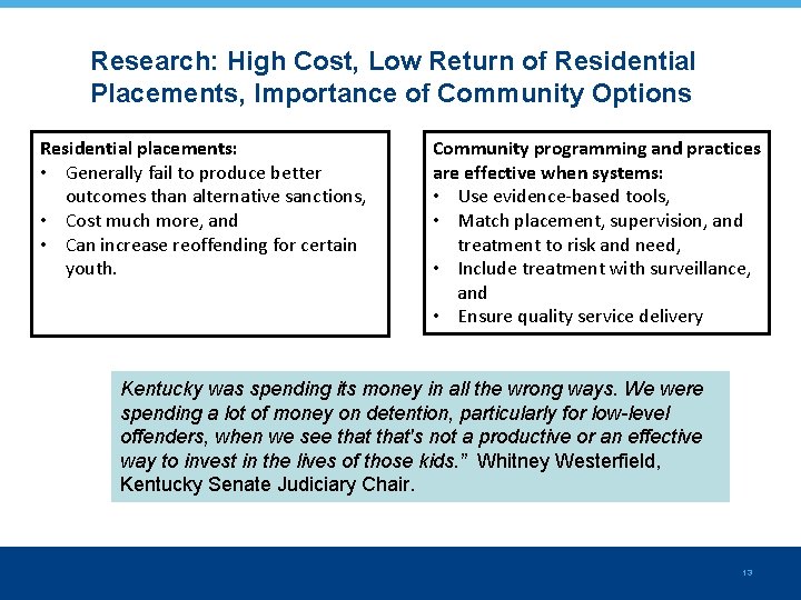 Research: High Cost, Low Return of Residential Placements, Importance of Community Options Residential placements: