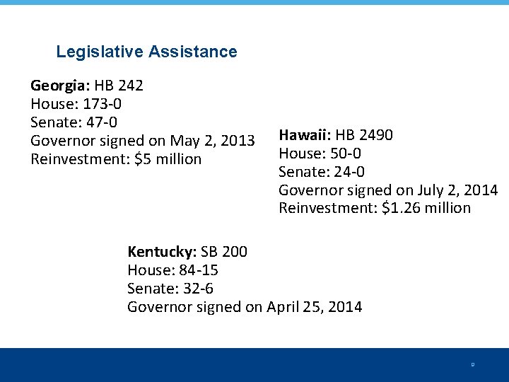 Legislative Assistance Georgia: HB 242 House: 173 -0 Senate: 47 -0 Governor signed on