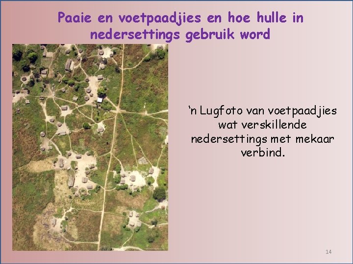 Paaie en voetpaadjies en hoe hulle in nedersettings gebruik word ‘n Lugfoto van voetpaadjies