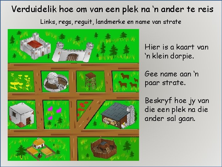 Verduidelik hoe om van een plek na ‘n ander te reis Links, reguit, landmerke