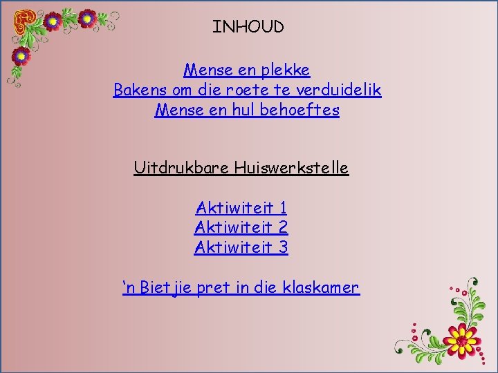 INHOUD Mense en plekke Bakens om die roete te verduidelik Mense en hul behoeftes