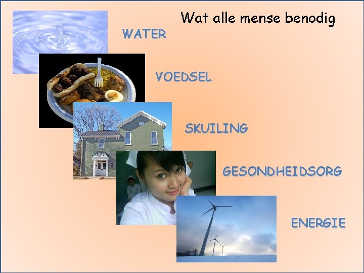 WATER Wat alle mense benodig VOEDSEL SKUILING GESONDHEIDSORG ENERGIE 32 