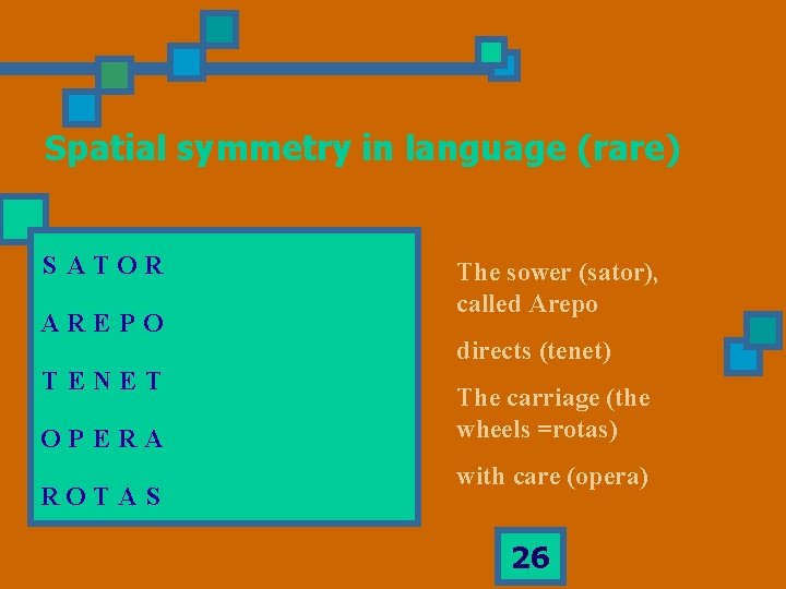 Spatial symmetry in language (rare) S ATOR AREPO TENET OPERA ROTA S The sower