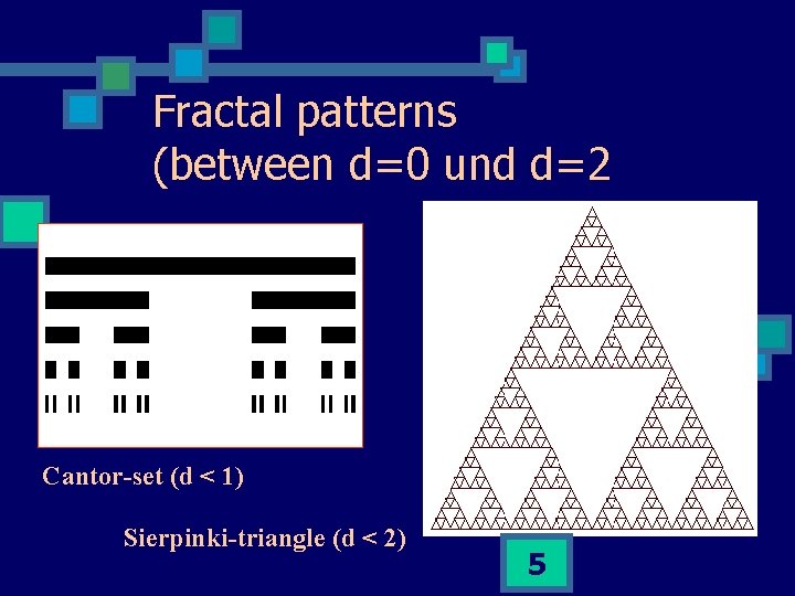 Fractal patterns (between d=0 und d=2 Cantor-set (d < 1) Sierpinki-triangle (d < 2)