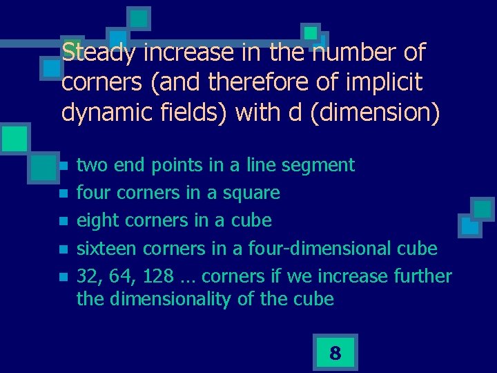 Steady increase in the number of corners (and therefore of implicit dynamic fields) with