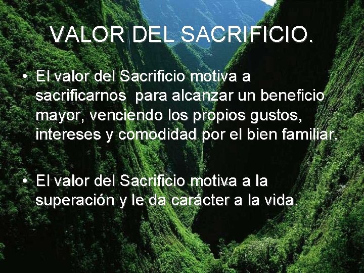 VALOR DEL SACRIFICIO. • El valor del Sacrificio motiva a sacrificarnos para alcanzar un