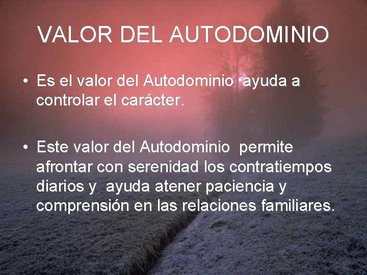 VALOR DEL AUTODOMINIO • Es el valor del Autodominio ayuda a controlar el carácter.