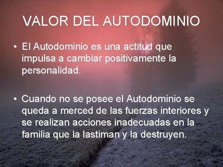VALOR DEL AUTODOMINIO • El Autodominio es una actitud que impulsa a cambiar positivamente