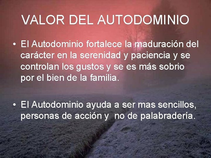 VALOR DEL AUTODOMINIO • El Autodominio fortalece la maduración del carácter en la serenidad