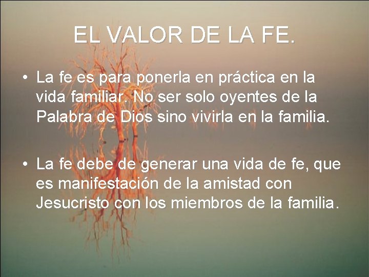 EL VALOR DE LA FE. • La fe es para ponerla en práctica en