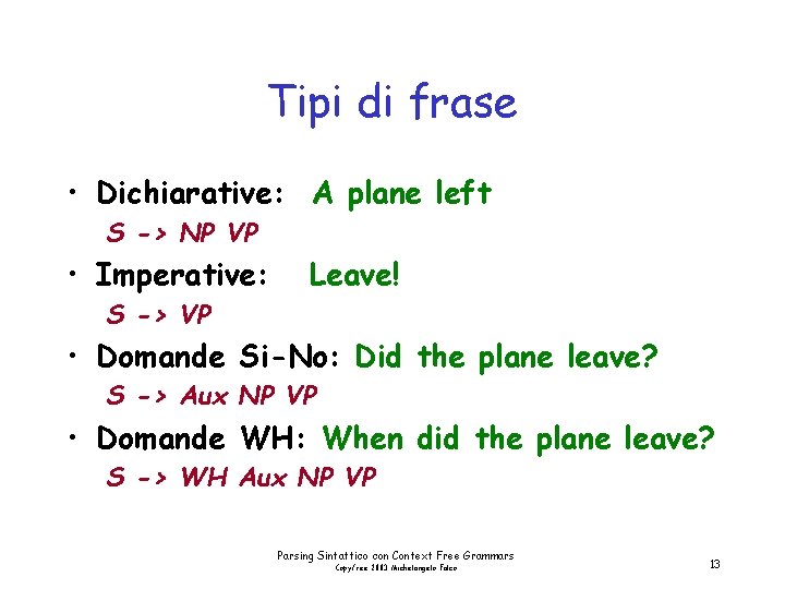 Tipi di frase • Dichiarative: A plane left S -> NP VP • Imperative: