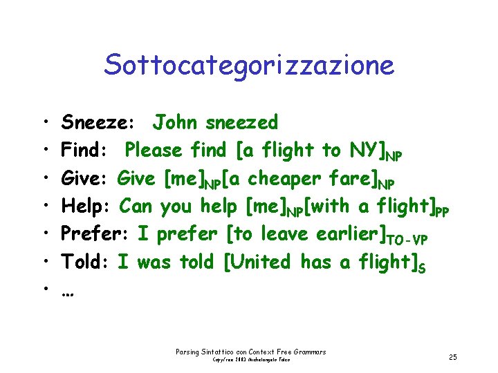 Sottocategorizzazione • • Sneeze: John sneezed Find: Please find [a flight to NY]NP Give: