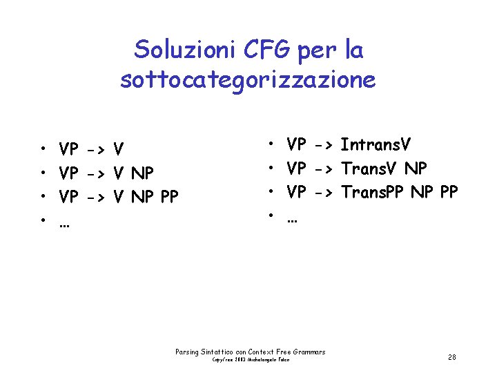 Soluzioni CFG per la sottocategorizzazione • • VP -> V NP PP … •