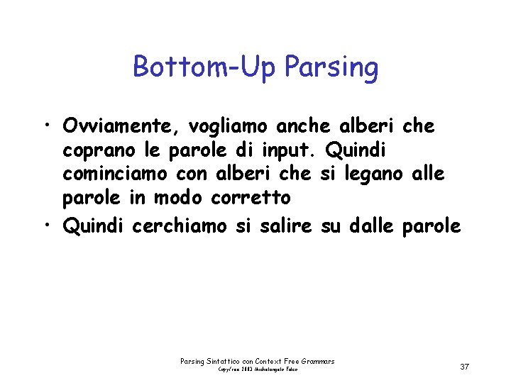 Bottom-Up Parsing • Ovviamente, vogliamo anche alberi che coprano le parole di input. Quindi