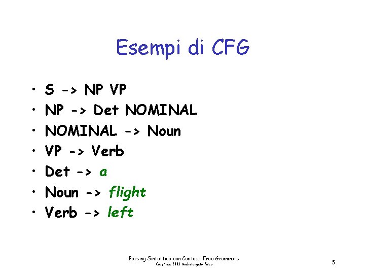 Esempi di CFG • • S -> NP VP NP -> Det NOMINAL ->