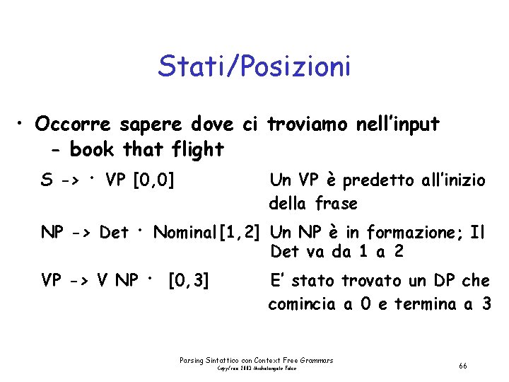 Stati/Posizioni • Occorre sapere dove ci troviamo nell’input - book that flight S ->