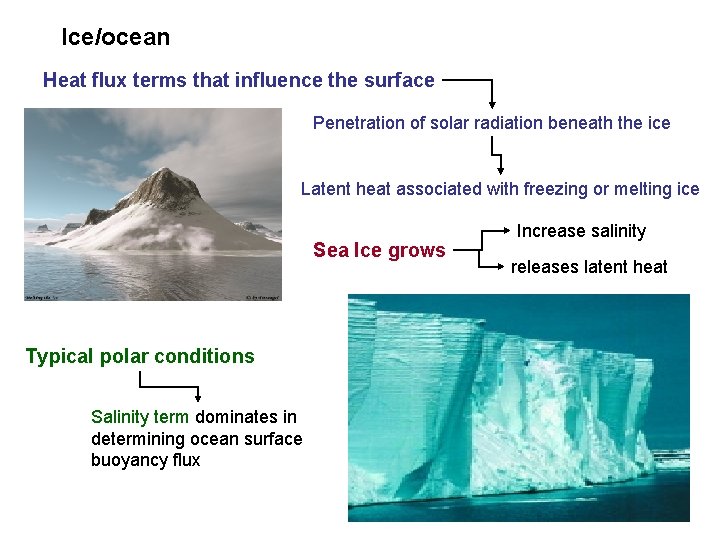 Ice/ocean Heat flux terms that influence the surface Penetration of solar radiation beneath the