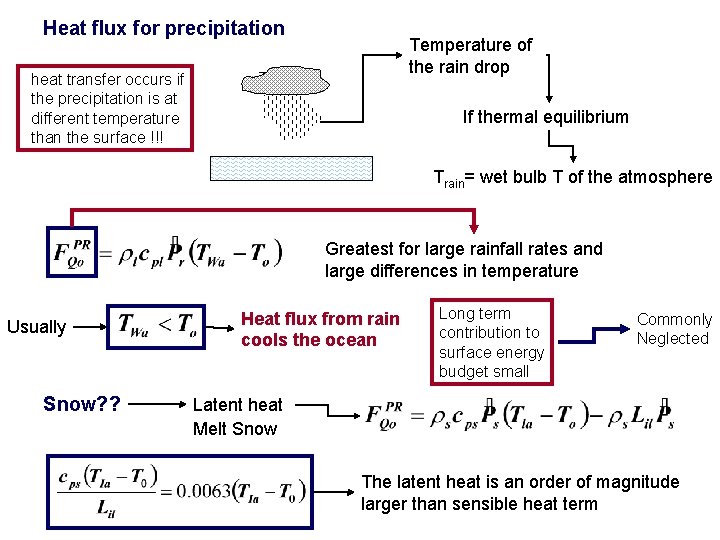 Heat flux for precipitation Temperature of the rain drop heat transfer occurs if the