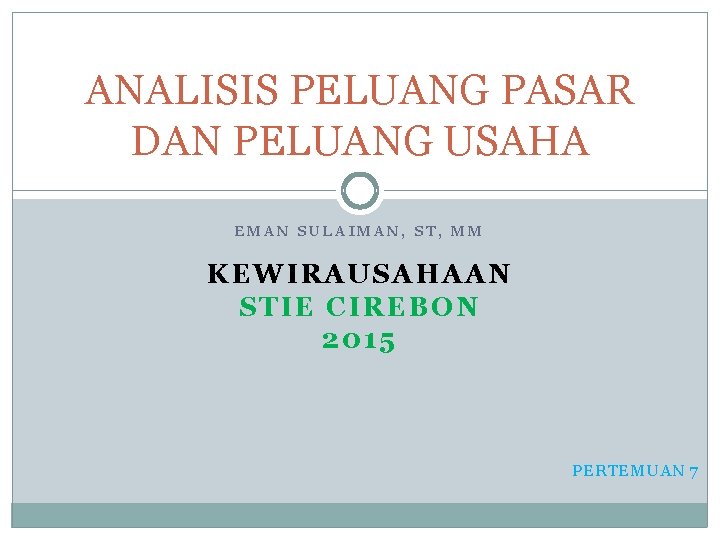 ANALISIS PELUANG PASAR DAN PELUANG USAHA EMAN SULAIMAN, ST, MM KEWIRAUSAHAAN STIE CIREBON 2015