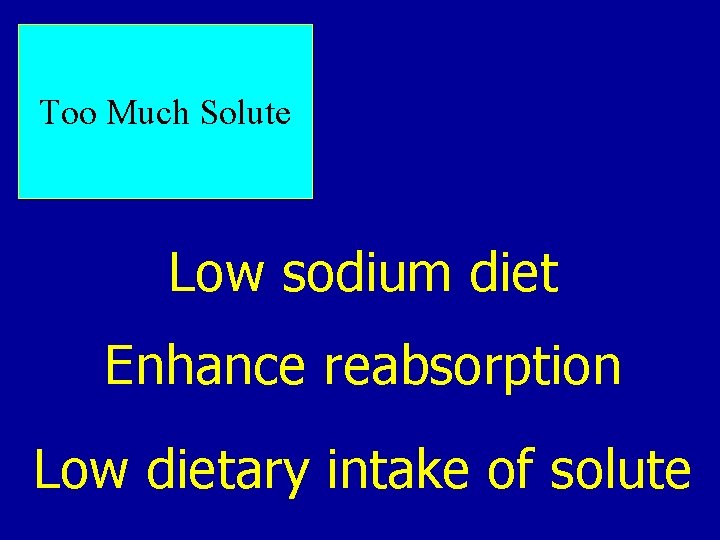 Too Much Solute Low sodium diet Enhance reabsorption Low dietary intake of solute Too Much Solute Low sodium diet Enhance reabsorption Low dietary intake of solute