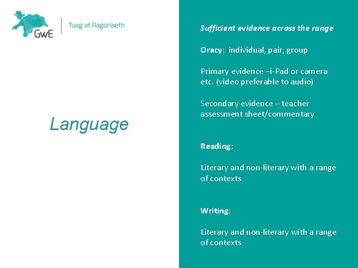 Sufficient evidence across the range Oracy: individual, pair, group Primary evidence –i-Pad or camera