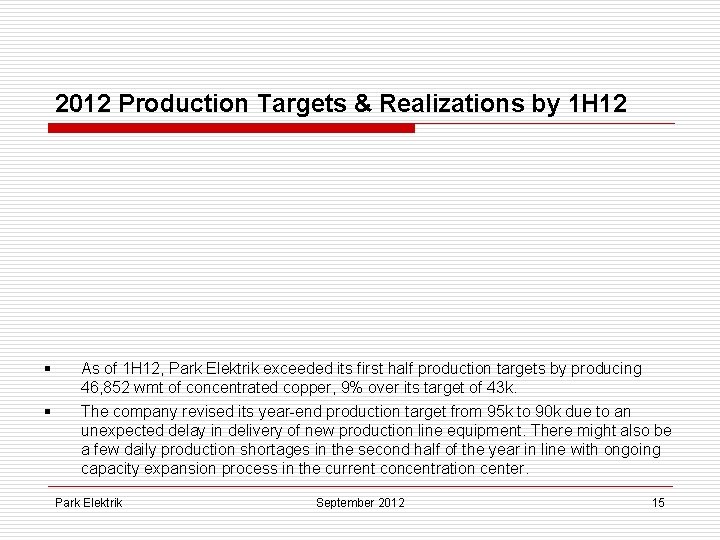 2012 Production Targets & Realizations by 1 H 12 § § As of 1