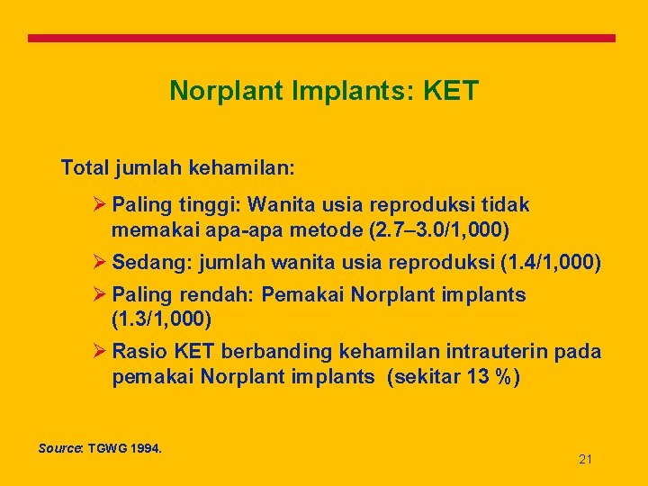 Norplant Implants: KET Total jumlah kehamilan: Ø Paling tinggi: Wanita usia reproduksi tidak memakai