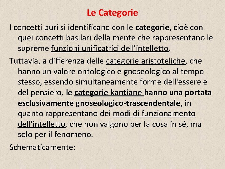 Le Categorie I concetti puri si identificano con le categorie, cioè con quei concetti