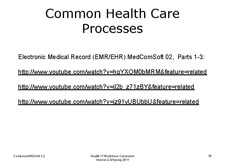 Common Health Care Processes Electronic Medical Record (EMR/EHR) Med. Com. Soft 02, Parts 1