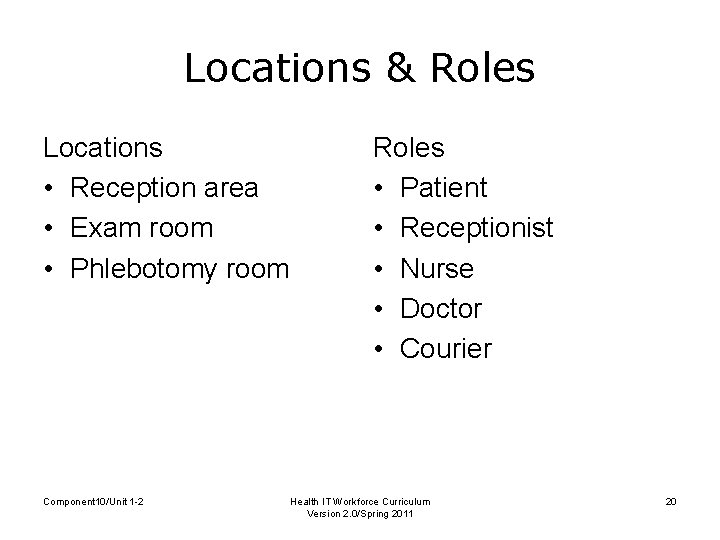 Locations & Roles Locations • Reception area • Exam room • Phlebotomy room Component
