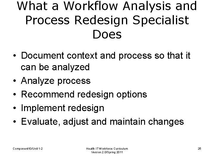 What a Workflow Analysis and Process Redesign Specialist Does • Document context and process
