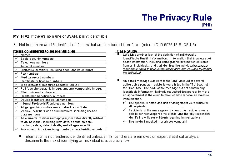 The Privacy Rule (PHI) MYTH #2: If there’s no name or SSAN, it isn’t