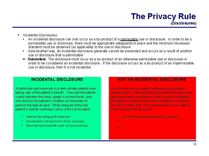 The Privacy Rule (Disclosures) Incidental Disclosures • An incidental disclosure can only occur as