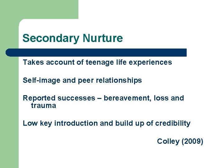 Secondary Nurture Takes account of teenage life experiences Self-image and peer relationships Reported successes Secondary Nurture Takes account of teenage life experiences Self-image and peer relationships Reported successes