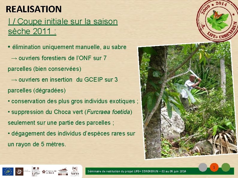 REALISATION I / Coupe initiale sur la saison sèche 2011 : • élimination uniquement REALISATION I / Coupe initiale sur la saison sèche 2011 : • élimination uniquement