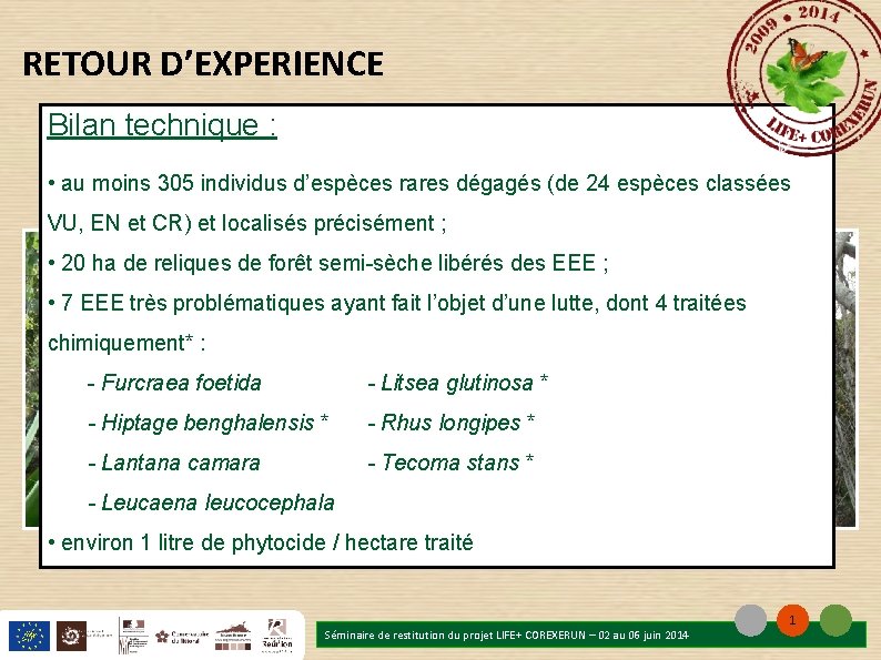 RETOUR D’EXPERIENCE Bilan technique : • au moins 305 individus d’espèces rares dégagés (de RETOUR D’EXPERIENCE Bilan technique : • au moins 305 individus d’espèces rares dégagés (de