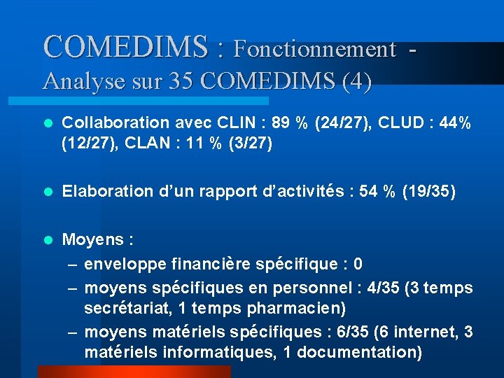 COMEDIMS : Fonctionnement Analyse sur 35 COMEDIMS (4) l Collaboration avec CLIN : 89