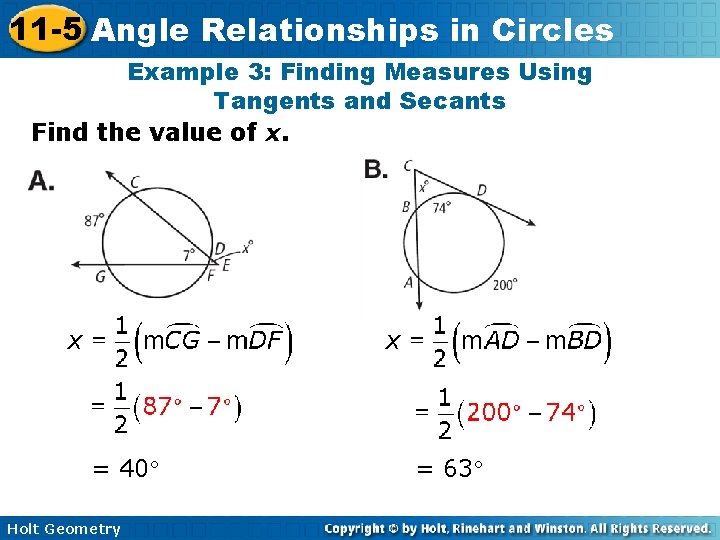 11 -5 Angle Relationships in Circles Example 3: Finding Measures Using Tangents and Secants