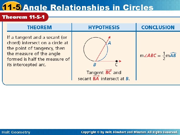 11 -5 Angle Relationships in Circles Holt Geometry 