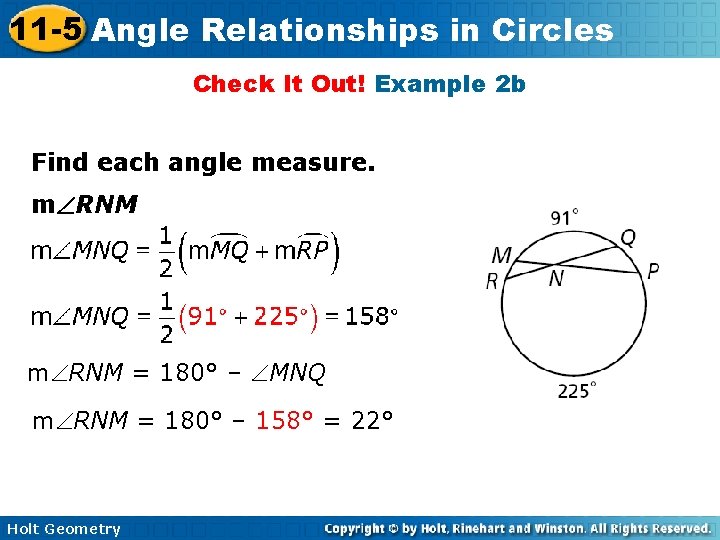 11 -5 Angle Relationships in Circles Check It Out! Example 2 b Find each